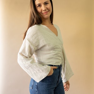 Reversible women linen long sleeve top, handmade clothing for women, ethically-made, sustainable linen Wrap Top Tie front or back blouse image 1