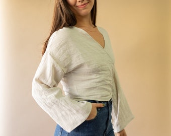 Reversible women linen long sleeve top, handmade clothing for women, ethically-made, sustainable linen Wrap Top Tie front or back blouse