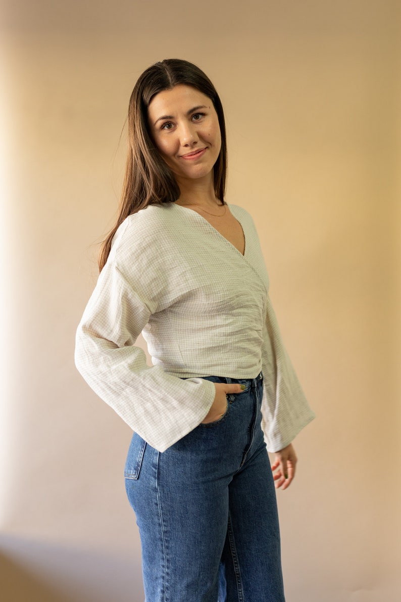 Reversible women linen long sleeve top, handmade clothing for women, ethically-made, sustainable linen Wrap Top Tie front or back blouse image 1