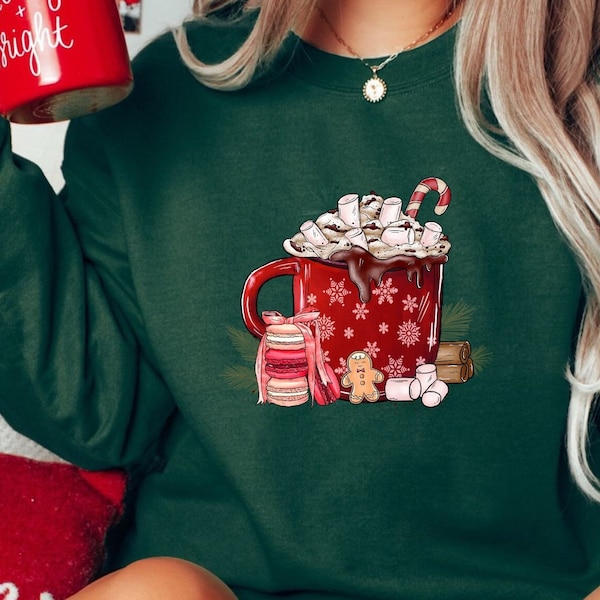 Süßer Weihnachten Pullover, Damen Winter Sweater, Heiße Schokolade Tasse, Winter Motiv Tasse, Weihnachtspullover für Familie, Hot Cocoa Mug