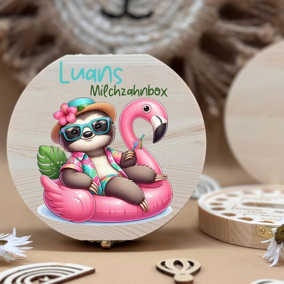 Personalized wooden tooth box sloth, milk teeth storage, personalized gifts, baptism gift, birthday gift,