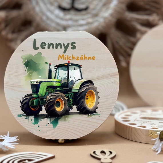 Personalized wooden tooth box tractor, milk teeth storage, personalized gifts, baptism gift, birthday gift,