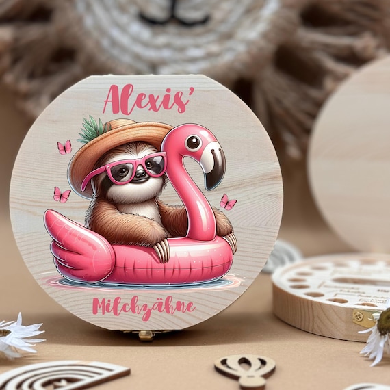 Personalized wooden tooth box sloth, milk teeth storage, personalized gifts, baptism gift, birthday gift,