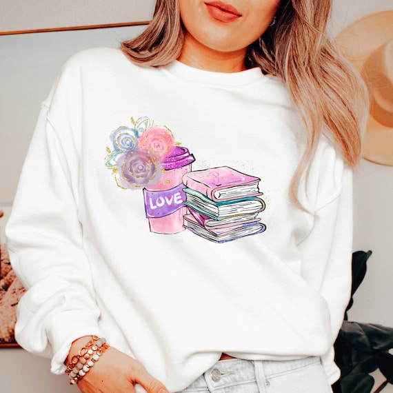 Book sweatshirt, gift for book lovers, book lover sweatshirt, t-shirt with book and flowers, coffee and book lover