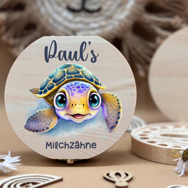 Personalized wooden tooth box turtle, milk teeth storage, personalized gifts, baptism gift,