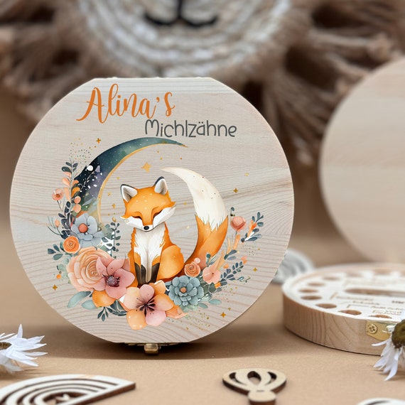 Personalized wooden tooth box fox, milk teeth storage, personalized gifts, christening gift, birthday gift