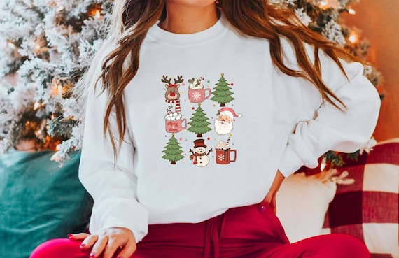 Christmas Sweatshirt, Christmas Tree Sweater, Christmas Women's Sweater, Hot Chocolate Mug, Cute Christmas Sweater, Winter Motif