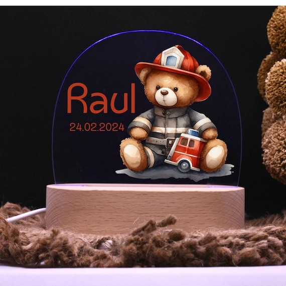 Personalize acrylic night lamp, teddy, fire brigade, birth gifts, christening gift, children's room, decoration, bedside lamp