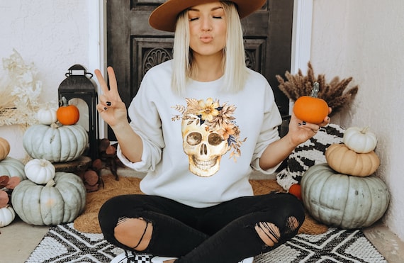 Flowers Skull I Unisex Sweatshirt I Halloween Shirt I Halloween Skull Sweater I Flowers Skull