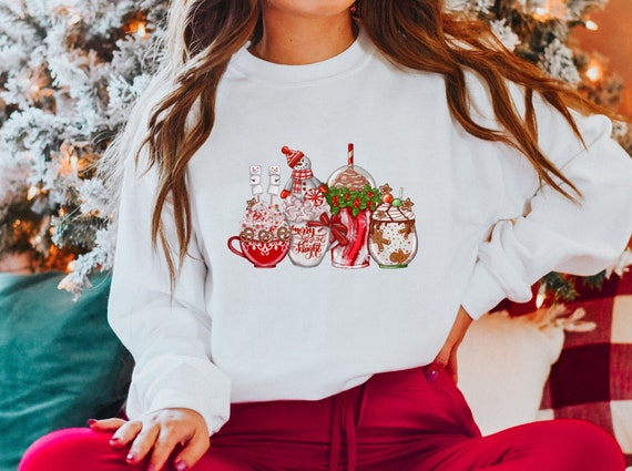 Christmas Sweatshirt, Christmas Tree Sweater, Christmas Women's Sweater, Hot Chocolate Mug, Cute Christmas Sweater, Winter Motif