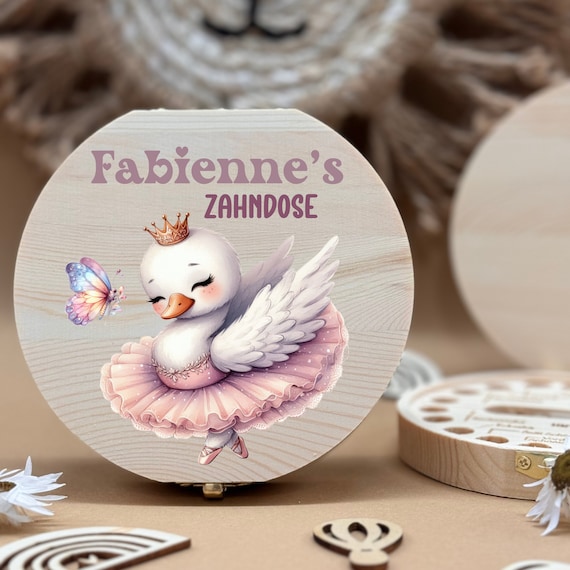 Personalized wooden tooth box swan, milk teeth storage, personalized gifts, baptism gift,