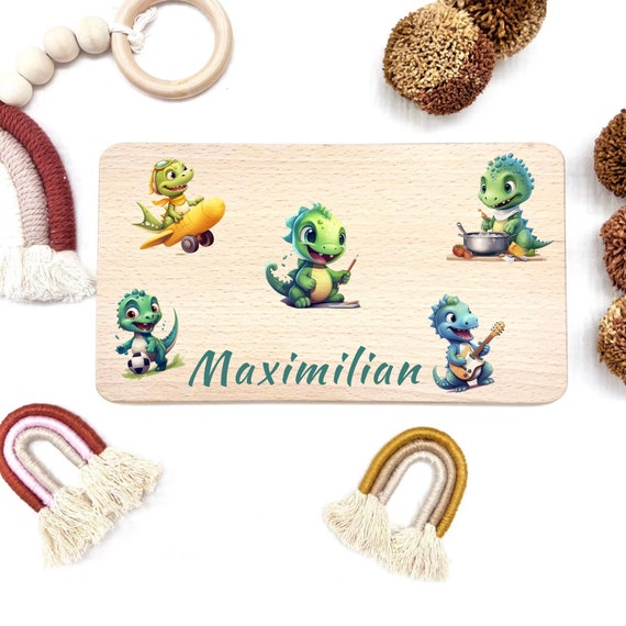 Personalized breakfast board, gift for birth, gift for baptism, gift for baby, birthday, dinosaur