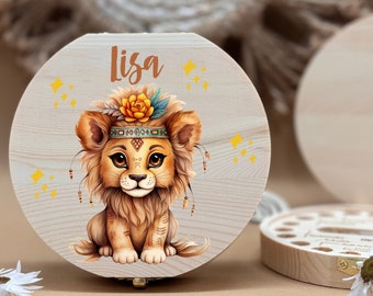 Boîte à dents en bois personnalisée lion, rangement dents de lait, cadeaux personnalisés, cadeau baptême, cadeau anniversaire