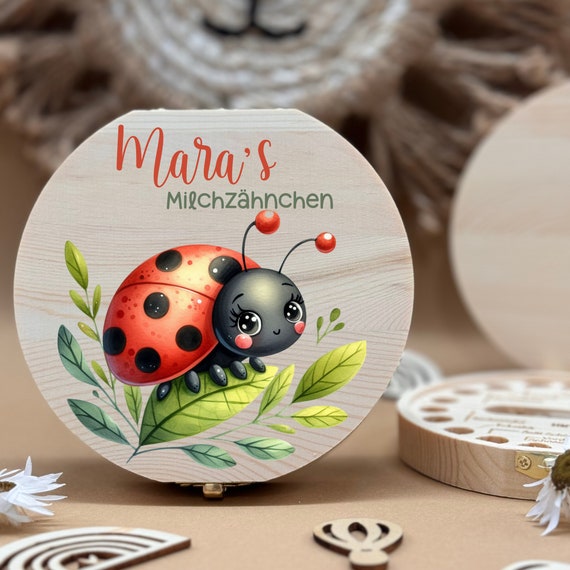 Personalized wooden tooth box ladybug, milk teeth storage, personalized gifts, baptism gift,