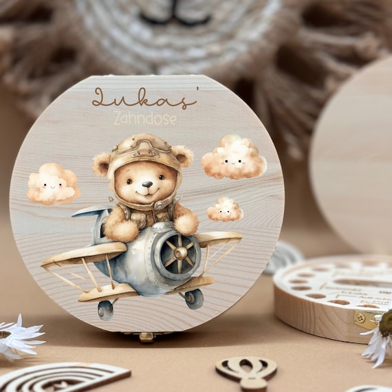 Personalized wooden tooth box teddy, milk teeth storage, personalized gifts, christening gift, birthday gift