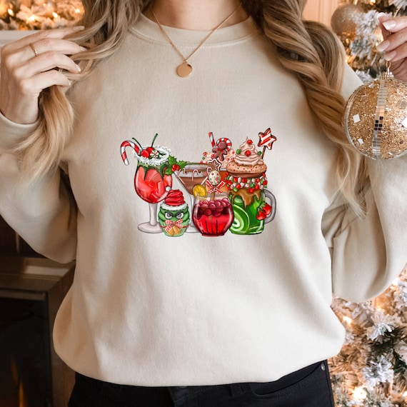 Winter Cocktails Unisex Sweater, Grinch , Winter Christmas Sweater, Wine, Hot Cocoa