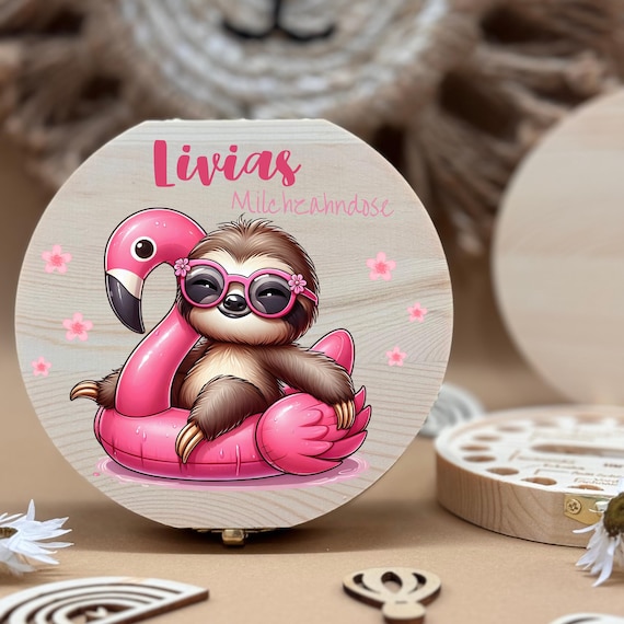 Personalized wooden tooth box sloth, milk teeth storage, personalized gifts, baptism gift, birthday gift,