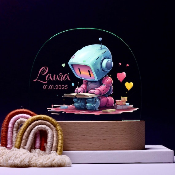 Personalize acrylic night lamp, robot, birth gifts, christening gift, children's room, decoration, bedside lamp