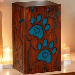 Personalized Pet Urn: Handmade Rosewood Thunder Paw Keepsake with Glowing Paw Prints
