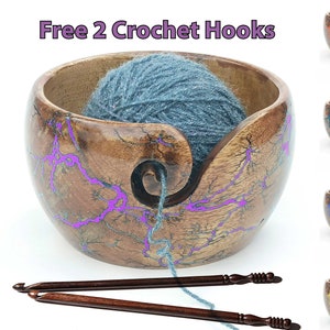 Wooden Knitting Bowl With 2 crochet Handmade Purple yarn bowl for gift for knitters Large crochet yarn holder for crocheting
