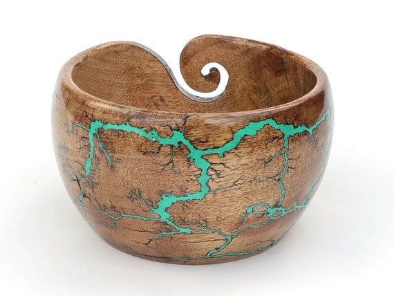 Wooden Yarn Bowl for Knitting and Croching With Engraved Leaf Desing
