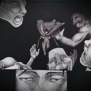 May include: A black and white pen and ink drawing featuring multiple distorted faces and figures. The artwork depicts expressions of fear and anguish, with exaggerated features and a surreal composition. The style is reminiscent of a dark, graphic novel.