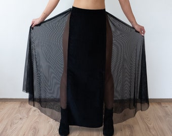 Falda de terciopelo negro con abertura de malla, vestido de noche largo de tul, ropa transparente de cintura alta, falda de noche maxi fluida