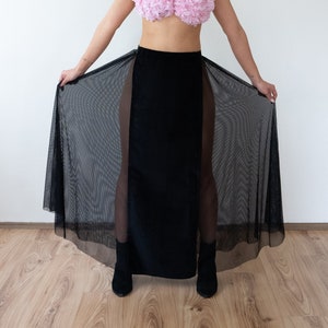 Black Velvet Skirt with Mesh Slit, Long Tulle Night Dress, Transparent High Waist Clothes, Maxi Flowy Evening Skirt