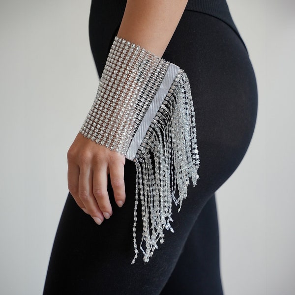 Sparkling Arm Sleeves with Fringe, Iridescent Festival Accessory, Evening Dress Sleeves