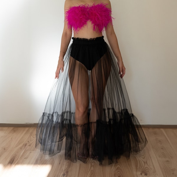 Jupe en tulle noire, tenues de plage taille haute pour femme, tenue de festival, jupe longue en tulle, jupe longue transparente, déguisement rave