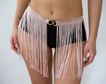 Baby Pink Fringe Belt with Gold Details, Tassel Bikini Cover Up, Beach Skirt, Festival Outfit, Burlesque Skirt