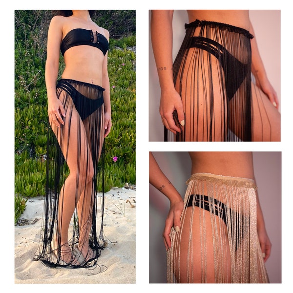 Personalized Fringe Belt, Black / Gold Tassel Dance Outfit, Long Fringe Skirt, Beach Wear Accessories