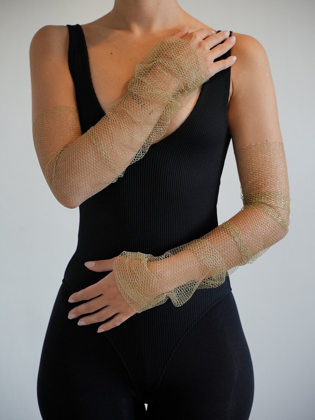 Gold Sheer Detachable Sleeves, Elegant Mesh Arm Band, Nightout