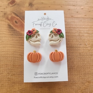 Floral Skull and Pumpkin Stud Pack, Clay Stud Earrings, Halloween Earrings, Fall Earrings, Boho Earrings