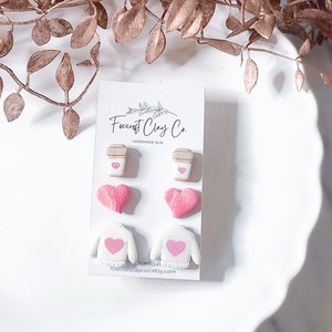 Valentine&#39;s Day Clay Earrings, Stud Pack, Clay Stud Pack, Heart Earrings, Sweater Earrings, Latte Cup Studs | Clay Earrings