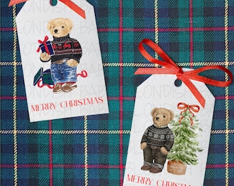 Ralph Lauren-inspirerade julklappsetiketter med björnar, utskrivbara - DIREKT NEDLADDNING