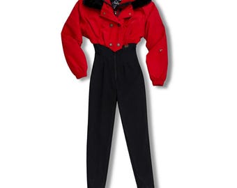 1980s Rare Vintage Ski Suit | Red, Black | Luxe Faux Fur Collar Alpine Gear | Designer Apres | Size XXS Petite