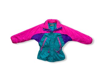 Color block retro insulated snow jacket in pink, purple, and teal green - vintage coat