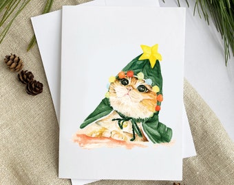 Christmas Cat Holiday Greeting Card | 5x7 | Watercolor card | With envelope
