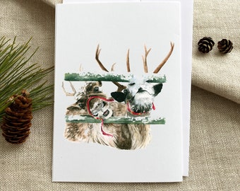 Christmas Reindeer Card | 5x7 | With envelope | Watercolor Holiday Greeting Card