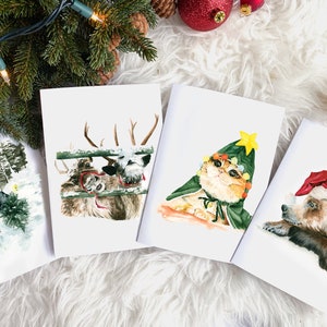 Pack of 4 Holiday Greeting Cards | Animals Watercolor Cards | With matching envelopes