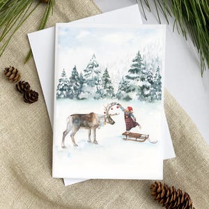 White Christmas with Rudolph | Holiday Greeting Card 5x7 | Watercolor | With envelope