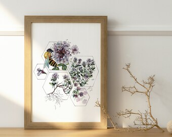 Bees and Thyme Flowers | Watercolor Art Print | Botanical Art Print | 8.5x11 in.