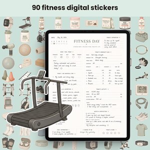 May include: A digital fitness planner displayed on a tablet screen, surrounded by 90 individual fitness-themed digital stickers including a treadmill, weights, protein containers, and workout gear, with the text 90 fitness digital stickers.