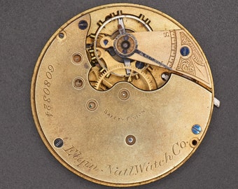 Vintage Elgin Pocket Watch Movement. Complete, Not Running. Year 1896, Size 16, 7 Jewel, Grade 104, Bad Staff, Good Spring, Bad Table Jewel