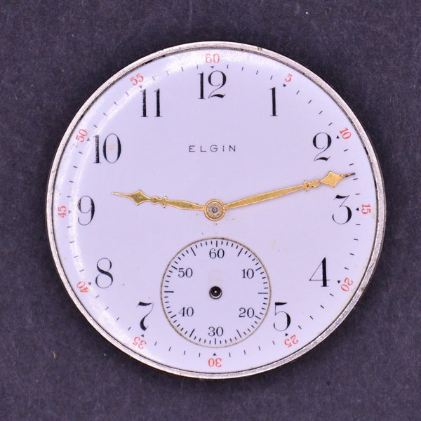 Vintage Elgin Pocket Watch Movement with GOLD HANDS, Complete but Not Running. Excellent Condition. Production Year 1911. Vintage Watch,.