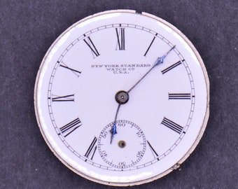 Vintage New York Standard Pocket Watch Movement. Complete, Not Running. Year 1900 Size 6s. Grade 44. 7 Jewels. Face in Excellent Condition.