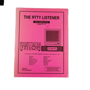 May include: A pink cover of "The RTTY Listener" 1993 compilation, issues 31-33. The cover features a radio transceiver and a computer monitor displaying text. The text on the cover includes "The RTTY Listener", "1993 Compilation", "Issues 31-33", "A compilation of The RTTY Listener newsletters for 1993 (Issues 31-33)", "Edited By Fred Osterman", and "Universal Radio Research 6830 Americana Pkwy. Reynoldsburg, Ohio 43068".