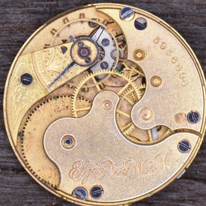 May include: Close-up of a gold-toned pocket watch movement with intricate gears and a '5956696' serial number. The watch is labelled 'Elgin Natl. Watch Co.'