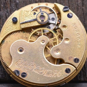 May include: Close-up of a gold-toned pocket watch movement with intricate gears and an 'Elgin Natl. Watch Co.' inscription. The watch has a serial number '5956696'.